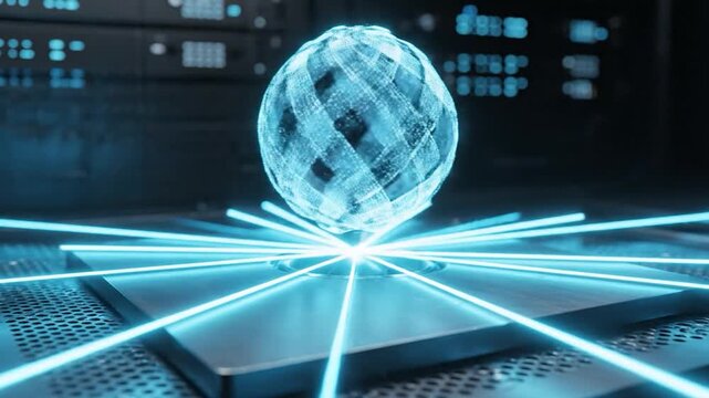 Glowing sphere of light on computer chip with energy flow
