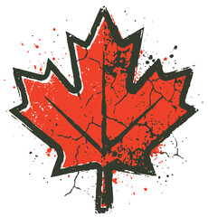A bold, distressed red maple leaf graphic with a dark outline and splash texture. Ideal for Canadian-themed posters, decor, branding, or merchandise seeking a gritty.