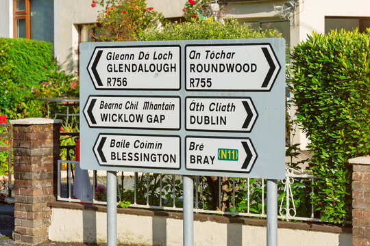 Laragh junction road sign showing routes to Glendalough, Dublin, Bray, Blessington and Wicklow Gap. Ireland
