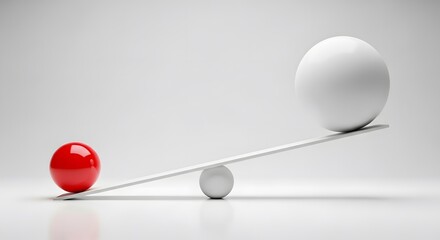 Red sphere on one side of a tilted white balance scale with a large white sphere on the other side