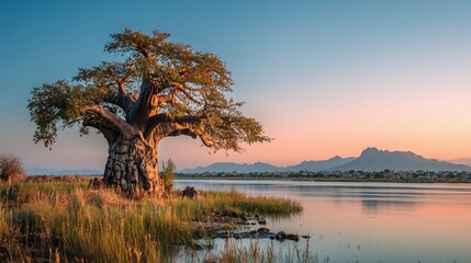 Obraz premium A serene landscape featuring a baobab tree by the lake, silhouetted against the dawn. The gentle pastel sky mirrors on the calm water, creating an ethereal scene.
