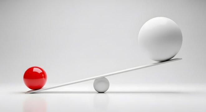 Red sphere on one side of a tilted white balance scale with a large white sphere on the other side
