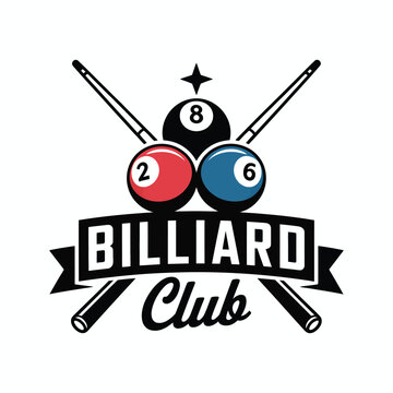 Billiard club emblem vector illustration with crossed cues and three balls featuring a star for sports badges, pool hall logos, and tournament branding identity.