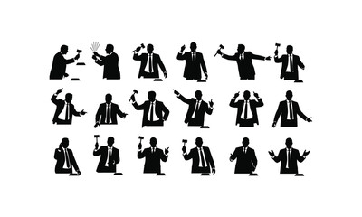 set of auctioneer silhouettes announcing bid in various poses on a white background