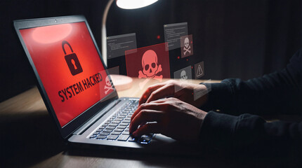 Cyber Attack: Hacker Typing on Laptop with 'System Hacked' Warning and Digital Security Alerts