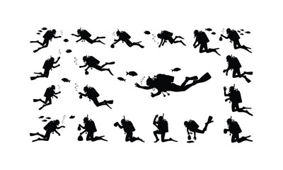 Naklejka premium set of aquarium diver silhouettes feeding fish in various poses on a white background
