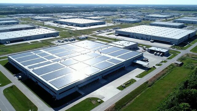 Aerial view of a large industrial park with numerous warehouses featuring rooftop solar panels on a sunny day