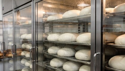 Medium shot of dough trays rising inside glassdoor proofing cabinets highlighting the clear view of fermentation process in a hygienic bakery environment.