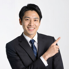 指をさして案内する笑顔のビジネスマン