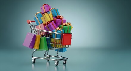 Shopping cart overflowing with colorful gift boxes and shopping bags full presents