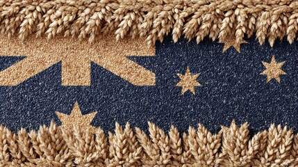 Wheat borders the Australian flag made of grains and seeds laid out on a flat surface showcasing agricultural products