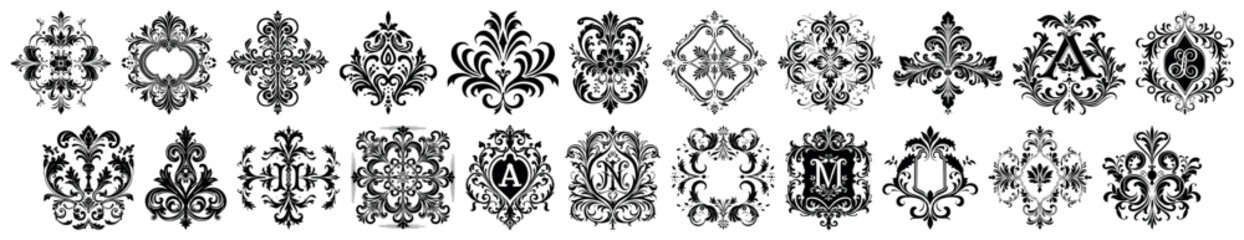 Vintage black frame background. Imperial rococo decor. Set of Asian flourish design elements for greeting cards and wedding invitations. For seamless patterns, wrapping paper, greeting, business cards © ☆ simple vectors ☆