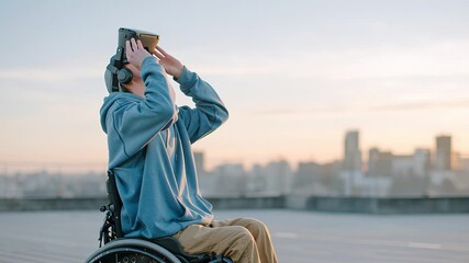 Person in wheelchair exploring virtual reality outdoors with headset and controller