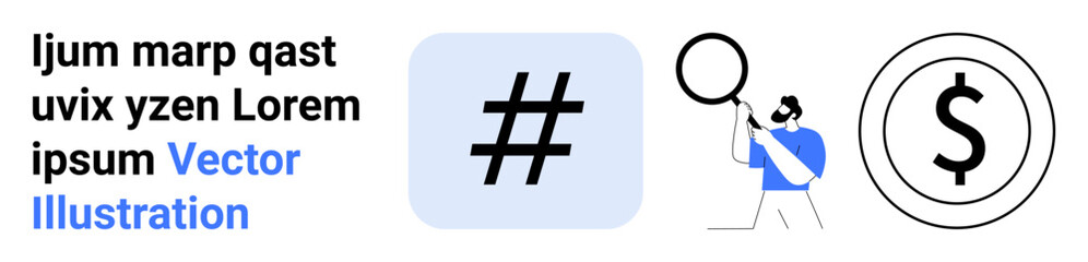 Man holding magnifying glass analyzing metadata tag and dollar sign. Ideal for social media, finance, marketing, digital analytics, online trends, branding, simple landing page