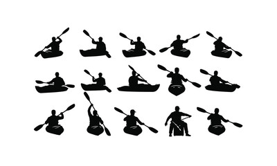 set of kayak instructor silhouettes paddling in various poses on a white background