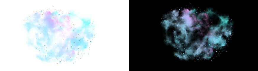 PNG image of Vibrant cyan and magenta cosmic dust clouds with glowing particles float against a stark space on transparent background