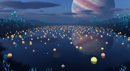 Mystical alien planet landscape with glowing orbs and celestial bodies.