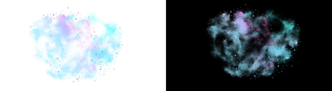 Abstract pastel color smoke explosion with particles on white and black backgrounds. Dynamic powder cloud burst effect in blue, pink, and purple hues. isolated PNG with Transparent Background