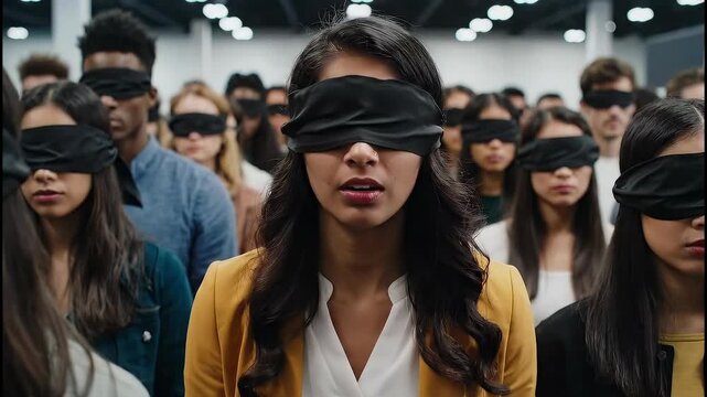Crowd in black blindfolds experiences feelings of panic and helplessness at political event in large indoor space