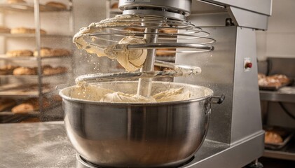 Medium shot of a spiral mixer in a bakery environment combining flour and water with precision highlighting the heavyduty rotating spiral mixing technique.