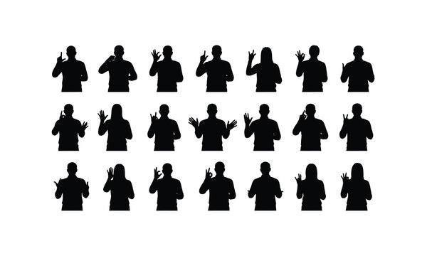 set of sign language interpreters facilitating communication in various poses silhouette on white background