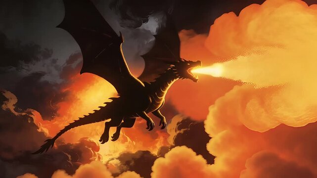 Majestic Dragon Soaring Through Fiery Clouds Breathing Intense Flames in a Dark Fantasy Sky.