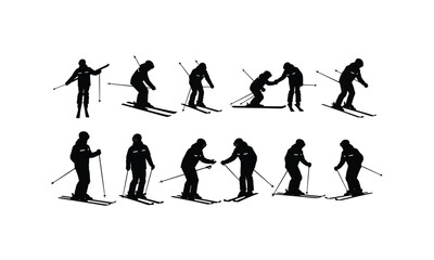 set of ski instructors teaching skiing in various poses silhouette on white background