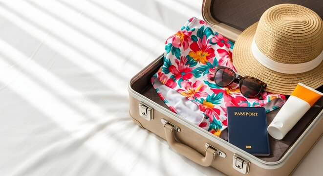 Open suitcase packing for a spring break vacation, filled with essentials like a passport, swimwear, and hat, embodying a travel preparation concept in bright sunlight