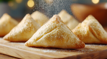Crispy golden triangular pastries on a wooden board with light flour dust, close-up food background for snack, street cuisine, catering menu, and comforting homemade taste.