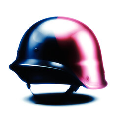 Fototapeta premium A glossy helmet lit with blue and pink neon hues creates a futuristic, high-energy vibe. Ideal for sports, safety gear, design, and tech-related contexts requiring bold, modern visual appeal.