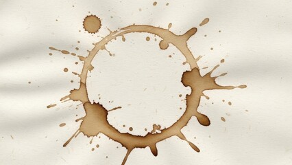 Coffee stain ring on white surface, abstract art, brown color.