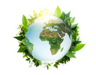 3D Environmental Globe with Leaf Growth Emerging from Surface, Sustainability Theme, Isolated on White Background
