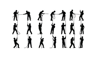 Fototapeta premium set of theater stage technicians pulling ropes in various poses silhouette on white background