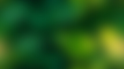 Abstract blurred background of lush green foliage with dappled sunlight filtering through.