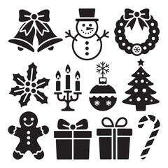 Christmas icons including snowman, tree, gifts, and candy cane