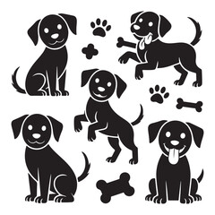 Playful dog silhouettes with bones and paw prints