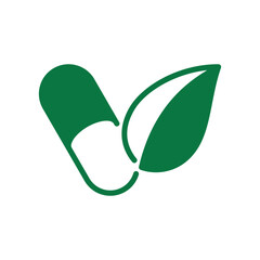 Vegetarian capsules icon with pills and plant, vegan, healthy and natural