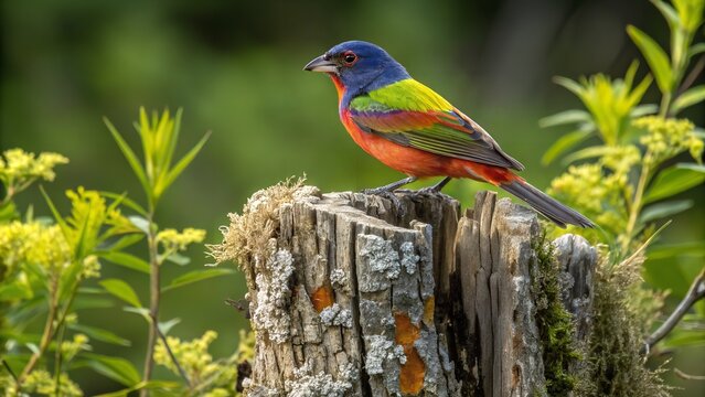 Vibrant painted bunting perched on weathered tree stump surrounded by lush greenery