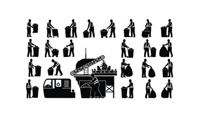 Obraz premium Set of waste management worker recycling poses silhouettes isolated on white background