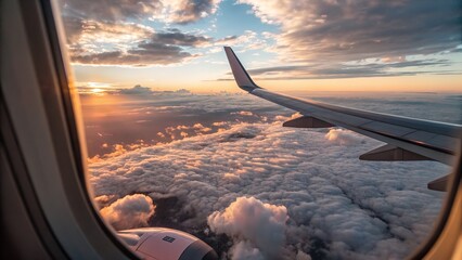 Fototapeta premium Airplane wing and clouds at sunset through airplane window