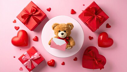 Cute teddy bear with red gifts and hearts for Valentines Day celebration.