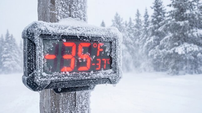 Extreme cold weather shown on a frozen digital thermometer displaying -35&deg;F (-37&deg;C) covered in frost against a snowy winter forest backdrop.