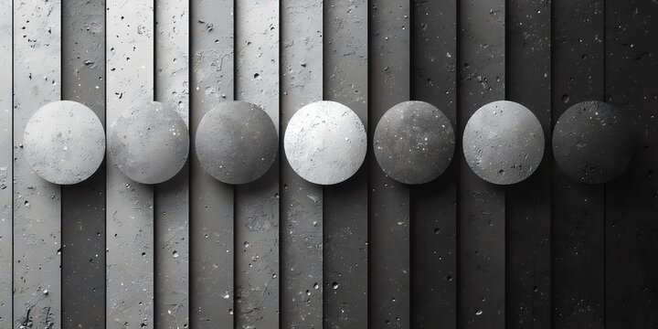 A minimalistic display of seven round concrete objects in varying shades of gray, arranged horizontally against a textured backdrop of gray vertical panels, creating a modern aesthetic.