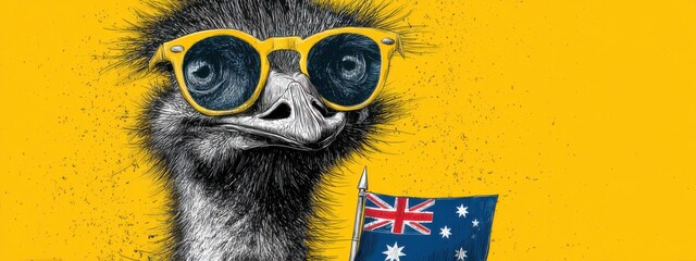 Ostrich wearing yellow sunglasses holds Australian flag against bright yellow background during a festive event