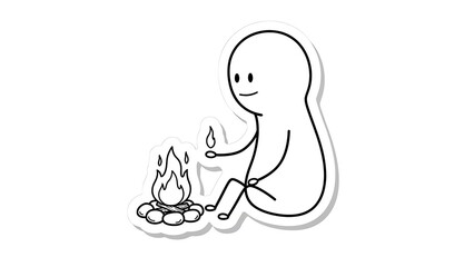 Obraz premium Simple cartoon character sitting by a campfire enjoying the warmth and light.