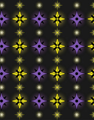 Glowing retro stars pattern with yellow and purple shapes on dark background