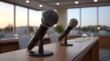 Professional microphones set up on a wooden conference table ready for a speech or presentation in a modern room with large at dusk
