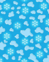 Winter ice puddles and snowflakes pattern on bright blue background