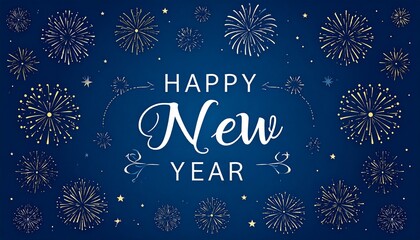 Happy New Year celebration with fireworks on dark blue background