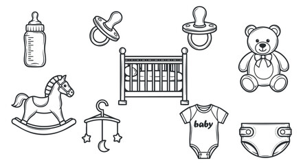 A collection of baby-themed items including a rocking horse, pacifiers, a crib, and a teddy bear in outline vector style, perfect for nursery decor and baby shower invitations